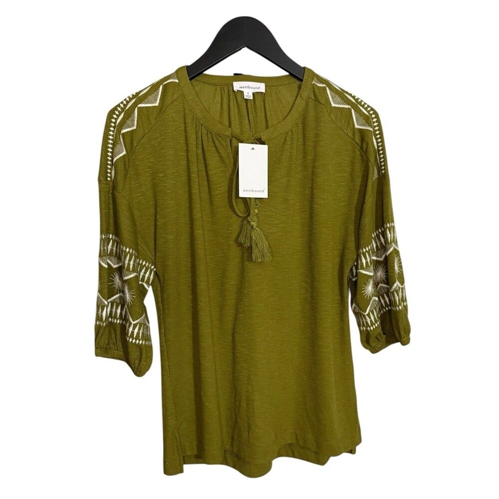 NWT Westbound S Small Olive Green Embroidered Ribbed Knit 3/4 Sleeve Peasant Top - Picture 2 of 10